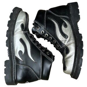Vintage Y2K Sha Sha Tribal Flame Boots • Men’s Sz 9 • Silver Black Biker Punk